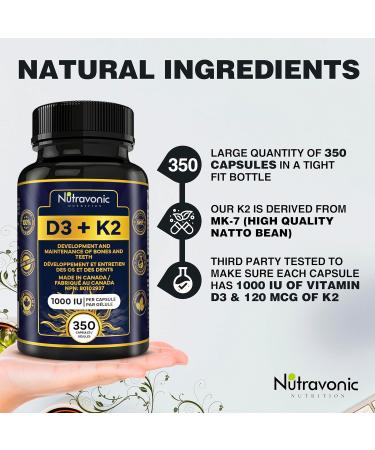 New! 350 Vegan Capsules of Vitamin D3 K2 High Potency 1000 IU D3 (25 mcg) / 120 mcg K2 (MK-7) - Year Long Supply Vitamin D - Helps Maintain Bone & Teeth Health - Formulated With MK-7 Natto Bean For Best Results - Immune System Support Vegan - Made In Cana - Buy Online on SooperMarket.com