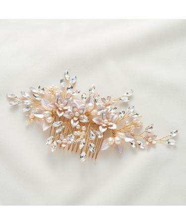 SWEETV Handmade Wedding Hair Comb Pearl Flower Bridal Hair Clip Hair Accessories for Women Wedding Gold