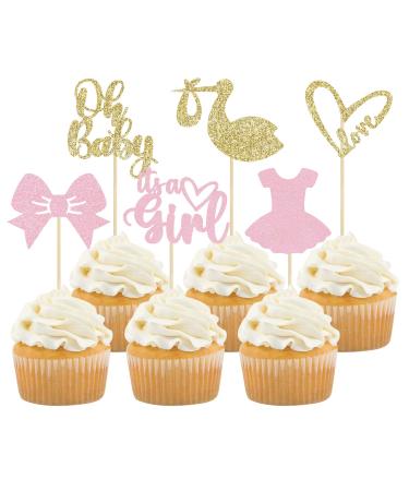 Gyufise 36 Pack Oh Baby Cupcake Toppers It's a Girl Cupcake Toppers with Bow Dress Love Heart Glitter Cake Picks Decorations for Baby Shower Girl Birthday Party Supplies Pink