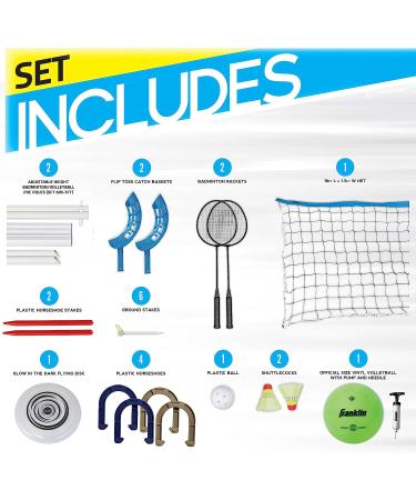 Franklin Sports Fun 5 Combo Outdoor Game Set - Backyard  Beach + Camping Games for Kids - Badminton  Volleyball  Flip Toss  Flying Disc - Horseshoes or Ring Toss Combo Set with Horseshoes - Buy Online on SooperMarket.com