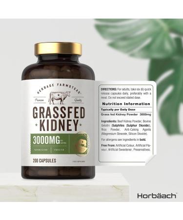 Organic Grass Fed Beef Kidney Supplement | 3000mg | 200 Capsules | Dried & Desiccated | No Preservatives | Herbage Farmstead - Buy Online on SooperMarket.com