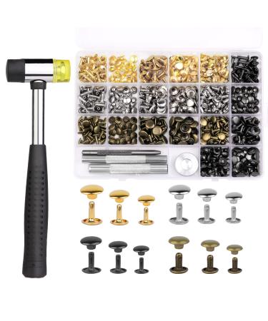 TLKKUE 240 Sets Rivets for Leather 3 Sizes Double Cap Rivets Tubular 4 Colors Leather Rivets with Rubber Hammer Fixing Tool Kit 4 Pieces for DIY Leather Craft Clothes Shoes Decoration and Repair