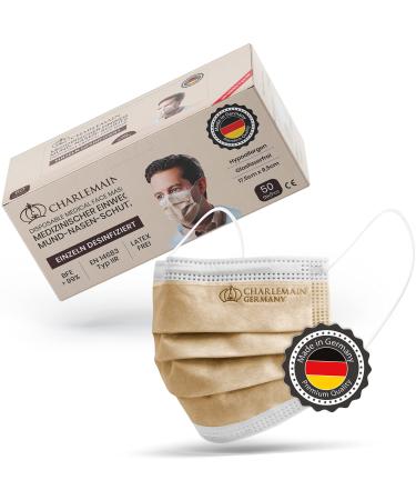 Charlemain 50x op masks made in Germany EN 14683 Type IIR medical mouth-nose protection BFE 99.9% 3-layer latex-free MNS one-way face masks-beige 50 pieces (1 Pack) beige