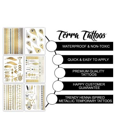 Gold Metallic Henna Temporary Tattoos - 75+ Mandala, Feathers, Dream Catcher, Arrows - Waterproof, Long Lasting for Beach, Festivals, Parties - Buy Online on SooperMarket.com