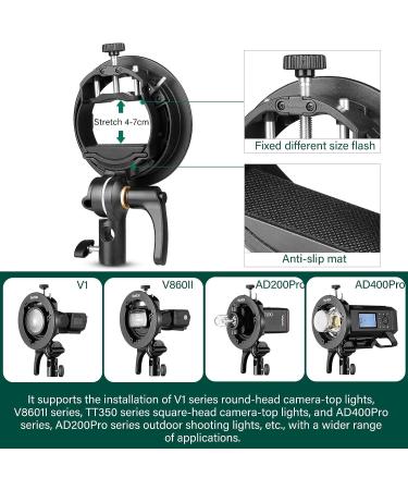 GODOX S2 Speedlite Bracket Bowens Mount Holder with Cold Shoe Flash Mount for Godox V1, AD200Pro, AD200, AD400Pro, V860II, TT350, TT685, TT600 Series Flash - Buy Online on SooperMarket.com