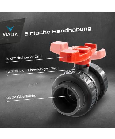 VIALIA 40mm PVC Ball Tap - Double Union Shut-Off Valve for Pool & Pond Construction | Ideal for Aquaristics & PVC Pipe Connections - Buy Online on SooperMarket.com