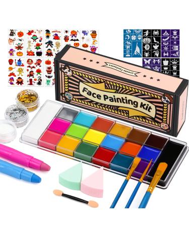 Fantastory Face Paint Kit 158pcs, 20 Colors, Halloween Ultimate Face Painting Kit with Glitters, Stencils, Hair Chalks, Tatto Stickers, Foam Applicator, Brushes, Sponges, Guide, Professional Halloween Body Facepaints Water Based Artist Makeup Painting Kit