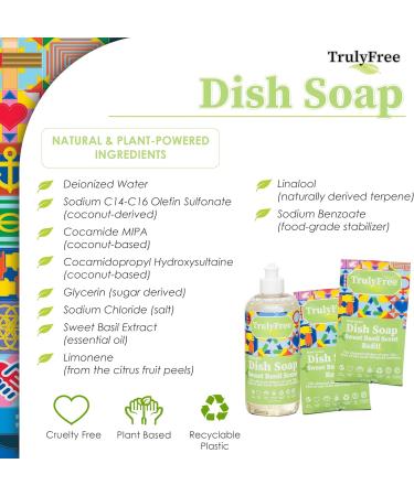 Truly Free Natural Dishwashing Liquid - Plant-Based Sweet Basil Dish Soap | 2 Refill Packs & 1 Refillable Bottle Starter Kit | Eco-Friendly International Shipping - Buy Online on SooperMarket.com