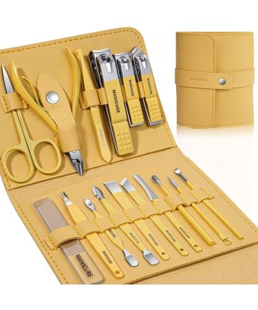 Manicure Set Professional Nail Clippers Pedicure Kit 16 pcs Stainless Steel Nail Care Tools Grooming Kit with Luxurious Travel Leather Case for Thick Nails Men Women Gift (Yellow)