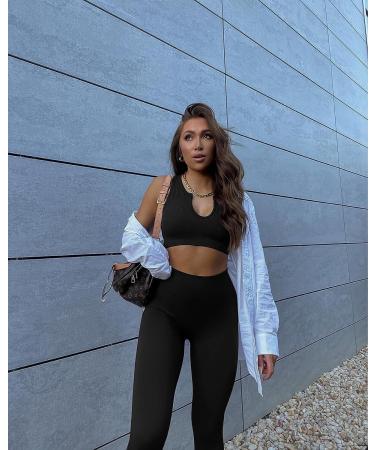 QINSEN Ribbed Seamless Crop Tank & High Waist Yoga Leggings Set - Large Black - Buy Online on SooperMarket.com