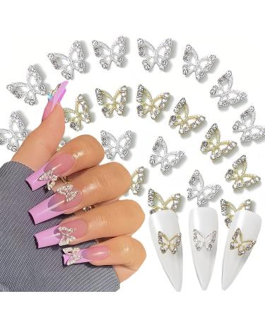20Pcs Shiny Alloy Butterfly Nail Charms Crystal Butterfly Nail Rhinestones 3D Nail Charms for Acrylic Nails Gold Silver Butterflies Nail Gems Nail Jewels for Women Girls Nails DIY Manicure Decoration A-1