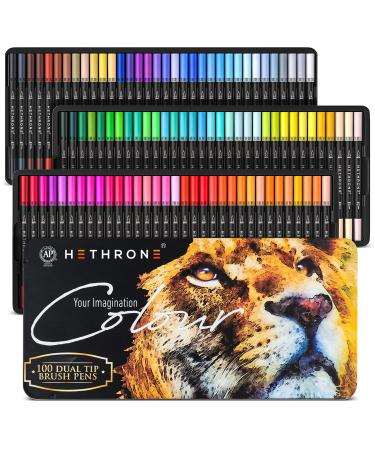 Hethrone Markers for Adult Coloring - 100 Colors Dual Tip Brush Pens Art Markers Set  Fine Tip Markers for Calligraphy Painting Drawing Lettering (100 Colors Black)