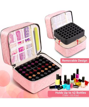 Nail Polish Organizer Case - Holds 42 Bottles, Double-Layer Storage with Adjustable Dividers - Portable Pink Bag for Manicure Tools - Buy Online on SooperMarket.com