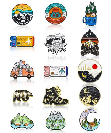 15 Pcs Outdoors Enamel Pins for Backpacks Aesthetic Enamel Pins Set Nature Button Pins Vintage Lapel Pins Camping Pins Cute Cartoon Brooch Pin Badges Women's Brooches Pin for Jacket Hat Cute Style