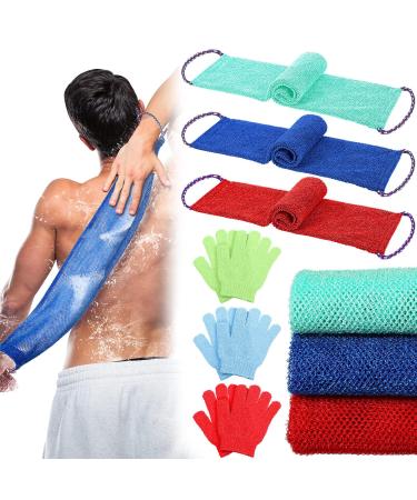 Newwiee 6 Pack Exfoliating Shower Bath Gloves and Body Scrubber Set - 3 Pairs Exfoliating Gloves and 3 Pcs African Bath Sponge for Daily Shower (Red Blue Green) - Buy Online on SooperMarket.com