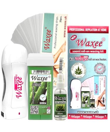 Roll-on waxing kit Aloe 100ml roller wax wax heater after wax oil waxing strips complete starter set for professional hair removal at home from UK brand- Waxee.