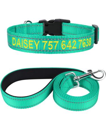Tagme dog collar and leash personalized reflective dog collar with 1.5m double -sided reflective dog leash for medium -sized turquoise M (1 -pack) turquoise set