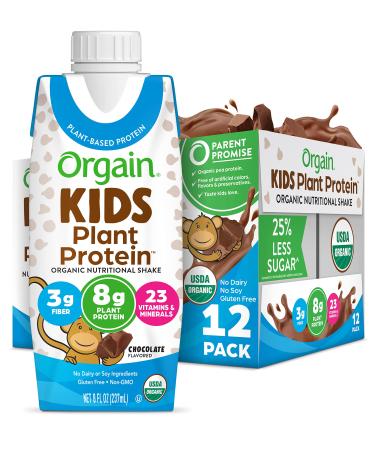 Orgain Organic Kids Vegan Protein Nutritional Shakes, Chocolate - 8g of Protein, Contains Fiber and 23 Vitamins and Minerals, Plant Based, No Gluten or Soy, Non-GMO, 8 Fl Oz (Pack of 12)