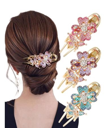 Rhinestones Flower Hair Clips 3pcs Crystal Butterfly Claw Clips Rhinestones Duckbill Hair Claw Fancy Hair Clips Sparkly Rhinestones French Hair Clip for Women Girls (Lilac Rhinestones Clips)