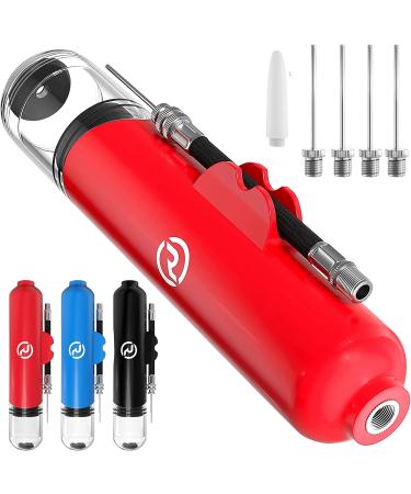 Ball Pump and 5 Needles - Air Pump for Balls, Basketball, Soccer, Volleyball, Football, Sport Ball - Hand Pump for Inflatables - Never Lose Pin Again with Holder - Pumps Two Ways for Faster Inflation Red