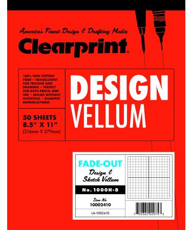 Clearprint 1000H Design Vellum Pad with Printed Fade-Out 8x8 Grid  16 lb  100% Cotton  8-1/2 x 11 Inches  50 Sheets  Translucent White (10002410)  Clear