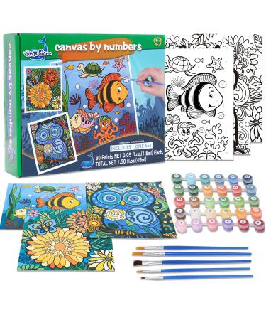 3 Pack Paint by Numbers for Kids Ages 8-12 Pre-Printed Acrylic Oil Painting Includes (8x10 8x9 8x8 inch) Framed Canvas with 30 Acrylic Paint Pots 5 Brushes for Kids Art Supplies for Kids 9-12 Underwater World