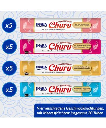 Inaba Churu Puree Multipack - 20 Tubes (5 Tuna with Salmon 5 Tuna with Shrimp 5 Tuna with Bonito Flakes 5 Tuna with Seafood) - Ideal for Cats - International Shipping Available - Buy Online on SooperMarket.com