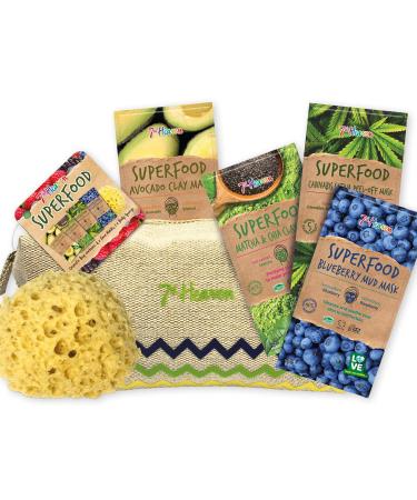 7th Heaven Superfood Skincare Gift Set Contains 4 Cleansing and Revitalising Face Masks Linen Cosmetic Bag and Body Sponge