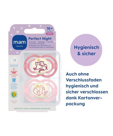 Mam Perfect Night Schnuller Set | Glow in the Dark Tooth-Friendly Baby Pacifiers | 16+ Months | Sustainable Silicone with Pacifier Box | Tiger & Bird Design (2 Pack) - Buy Online on SooperMarket.com
