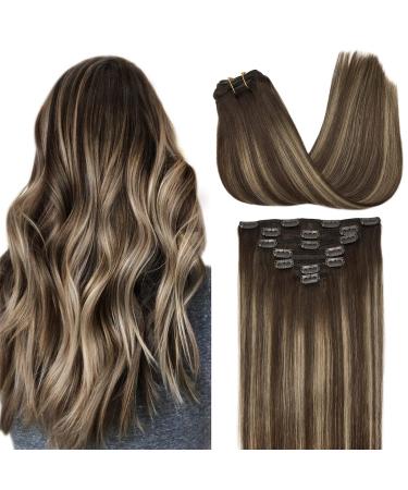 GOO GOO Clip-in Hair Extensions for Women, Soft & Natural, Handmade Real Human Hair Extensions, Chocolate Brown to Honey Blonde, Long, Straight #T(4/26)/4, 7pcs 120g 18 inches 18 Inch (Pack of 1) #T(4/26)/4 Chocolate Brown…