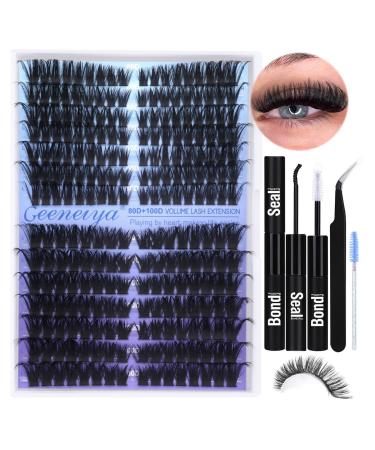Pre-made Cat Eye Lashes Extension Kit 9-16mm Volume Lash Clusters Kit 80D+100D Natural Cluster Eyelash Extensions Kit Individual Eyelashes with Waterproof Lash Bond and Seal Lash Tweezers by Geeneiya KIT-80D+100D
