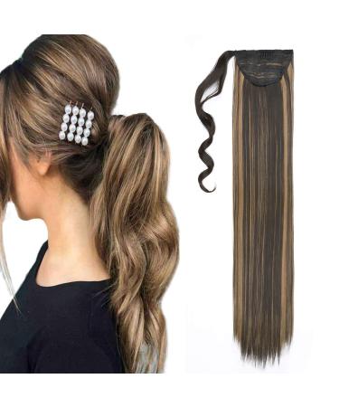 Clip in Ponytail Extension Wrap Around Long Straight Pony Tail Hair 32 Inch Synthetic Hairpiece - Dark Brown & Sandy Blonde