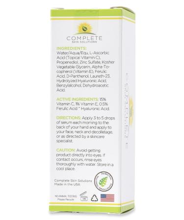 Natural Vitamin C Serum 1 oz with Ferulic & Hyaluronic Acid - Anti-Aging and Anti-Wrinkle Formula with 15% Vitamin C - Made in USA - Buy Online on SooperMarket.com