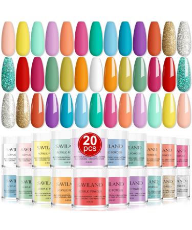 Saviland Acrylic Powder Set - 20 Colors Acrylic Nail Powder Summer Series Acrylic Powder Kit Professional Rainbow Polymer Powder for Acrylic Nails Extension Carving B-Chocolate and Rainbow