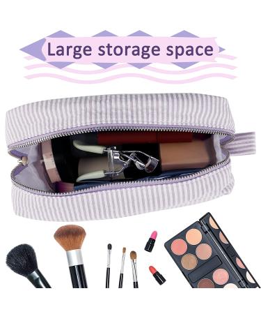Seersucker Cosmetic Bag - Large Makeup Pouch Travel Toiletry Case | Purple Organizer for Women & Girls - Buy Online on SooperMarket.com