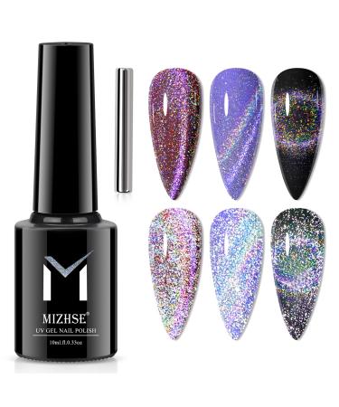 MIZHSE Universal Reflective Rainbow Cat Eye Gel Nail Polish 1 Bottle Colorful Holographic Magnetic 9D Laser Cateye Manicure Set 10ml for Nail Art Salon reflective cat eye