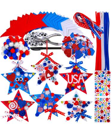 Winlyn 18 Sets 4th of July Craft Kits Patriotic Kids Crafts DIY Patriotic Star Ornaments Decorations Art Sets Red White Blue Star Foam Shapes Patriotic Foam Stickers for Classroom Party Activities