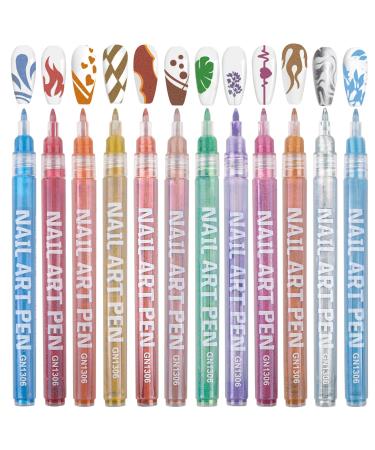 Owelth 12 Metallic colors 3D nail polish pencil set nail art pencil DIY line graffiti puncture pen nail tip nail art pen beauty decorating manicure tools nail design for halloween metallic color