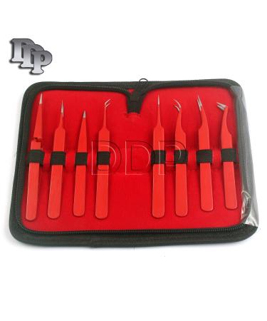 DDP SET OF 8 PIECE STAINLESS STEEL RED COLOR EYELASH EXTENSION TWEEZERS
