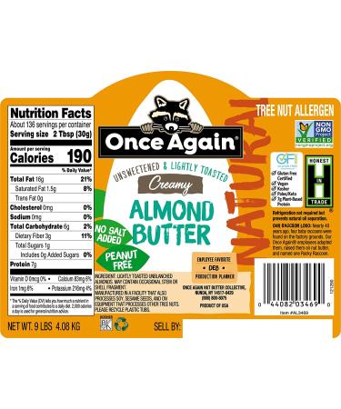 Once Again Natural Creamy Almond Butter 9lbs - Lightly Toasted, Salt Free, Vegan, Gluten Free, Kosher - Buy Online on SooperMarket.com
