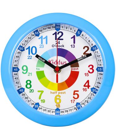 Kiddus wall clock for children. Analogue time teacher with time learning exercises. Silent clock. Many languages. English Blue