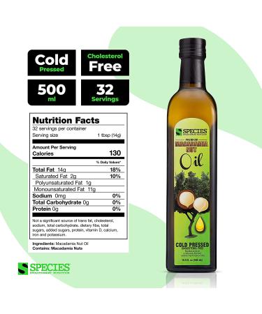 Species Nutrition Macadamia Nut Oil - Healthy Cooking Oil for Stir Fry, Sweet & Buttery Taste, Omega 9 Monounsaturated Fats, Balanced Omega 3 & 6 Fats (32 Servings) - Buy Online on SooperMarket.com