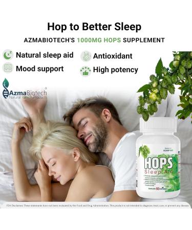 AzmaBiotech Hops Sleep Aid for Adults 1000mg 60 Vegan Capsules Natural Sleep Supplement to Promote Relaxation & Restful Sleep Non-GMO Gluten-Free 30-Day Supply Made in Canada - Buy Online on SooperMarket.com