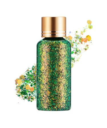 Holographic Body Glitter Gel for Face, Body, Nail, Super Long Lasting Waterproof Quick Dry Liquid Chunky Glitter Eyeshadow for Rave Festival Party Makeup Accessories, 1oz (Brass Green)