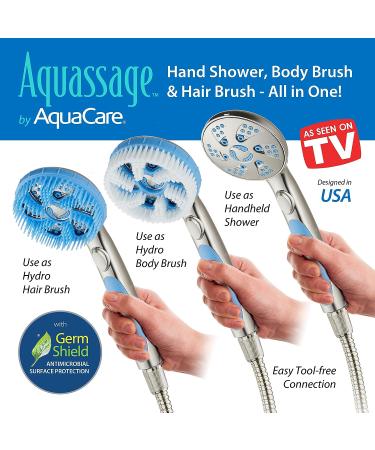 AquaCare 5-in-1 Aquassage High Pressure 76-mode Shower Head Combo with Hand Shower, Body Brush & Hair Brush - Satin Nickel Finish, Extra-long Stainless Steel Hose, Two Brackets Included - Buy Online on SooperMarket.com