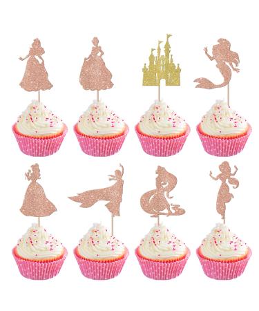 Rsstarxi 24 Pack Mermaid Birthday Cupcake Toppers Glitter Castle Girl Birthday Princess Cupcake Picks Decorations for Princess Mermaid Theme Baby Shower Birthday Party Cake Decorations Rose Gold Design 3 Rose Gold