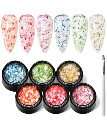 MEET ACROSS Flower Glitter Gel Nail Polish Set - 6 Pcs Diamond Sequins Style Gold Blue Green Clear Pink Jelly Gel Nail Polish Set with Flower  Crystal Transparent Gel Polish Nail Art Manicure Kit