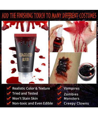 Fake Blood Makeup Kit - Washable Spray, Coagulated & Stage Blood Set - Halloween Face & Body Paint for Vampire, Zombie, Clown - 4pcs - Buy Online on SooperMarket.com