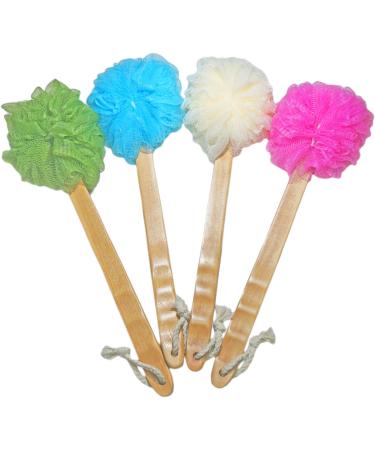 4 Pack Shower Loofah Body & Back Scrubber - Exfoliating Loofah luffa loofa Bath Brush On a Stick - With Long Wooden Handle Back Brush For Men & Women - Easy Reach Body Wash & Lotion Applicator
