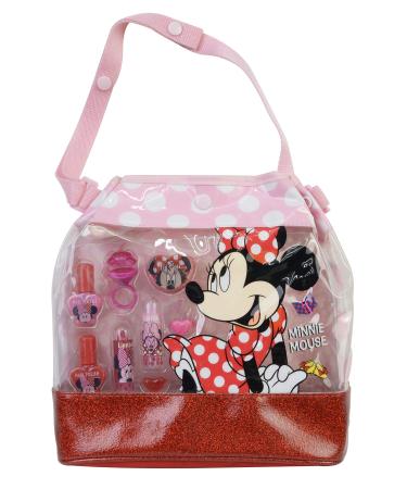 Markwins Minnie Mouse Beauty handbag with various lipsticks nail polish colors rings and lip gloss to apply
